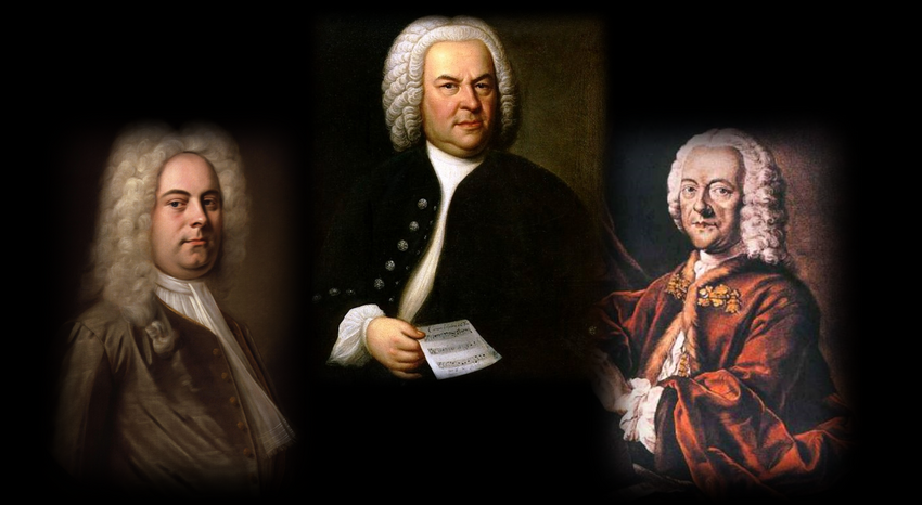 Portrait paintings of Georg Friedrich Händel, Johann Sebastian Bach, and Georg Philipp Telemann.