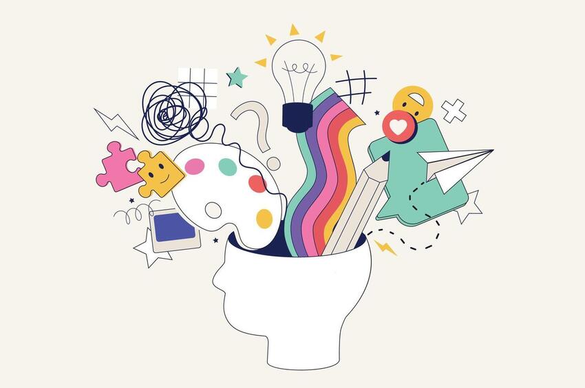 Illustration of rainbows, drawing tools, and other creative objects coming out of sommeone's head