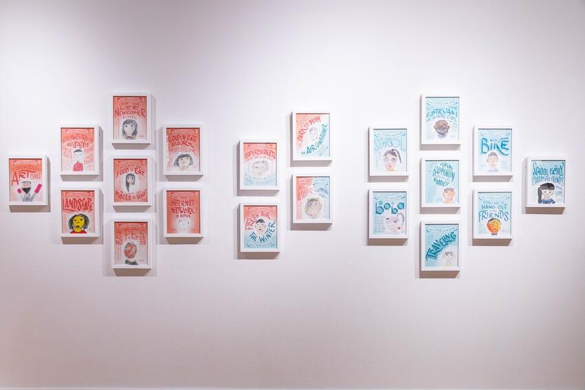 What I Love &amp; Miss (detail), 2022, Series of 20 portraits with calligraphy: social practice, drawings, inkjet prints.