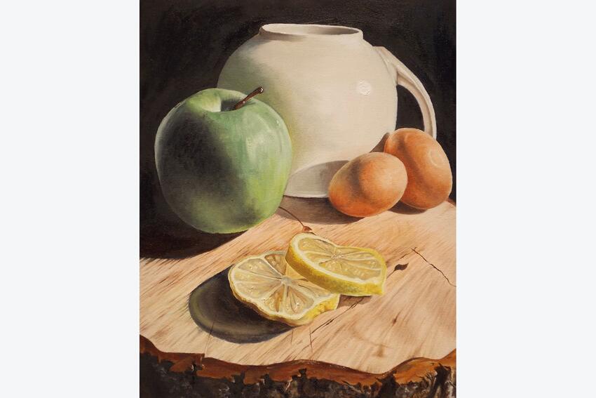 Painting of a pitcher, fruit and slices of lemons on a tree stump.