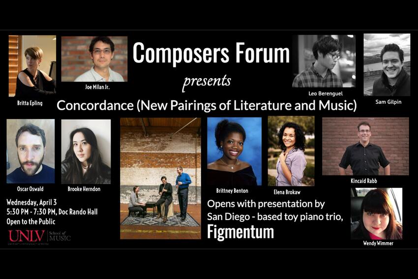 Composers Forum poster with images of various instrumentalists.