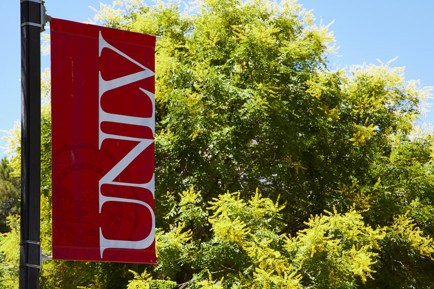 A UNLV banner on campus with green trees behind it.