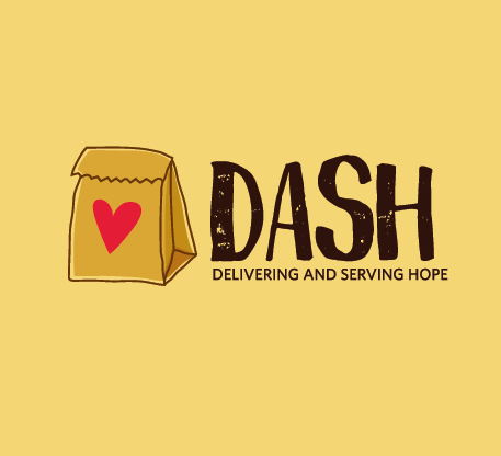 A brown lunch bag with a heart on it with the title DASH, delivering and serving hope