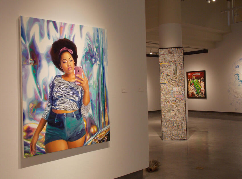 Painting of a young lady in blue shorts and crop top walking and looking at cell phone