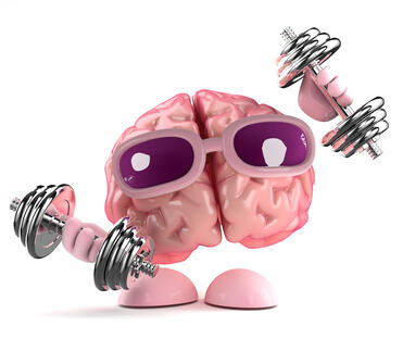 A graphic of a brain with sunglasses holding up dumbbells.