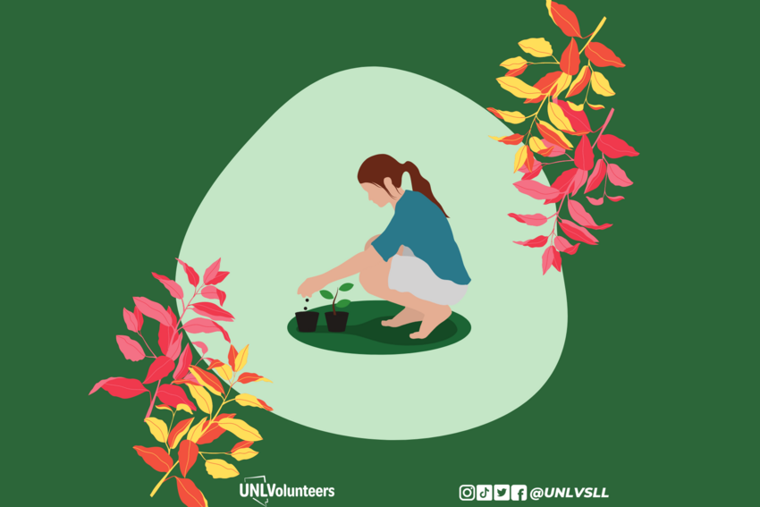 A graphic of a person taking a care of a potted plant.