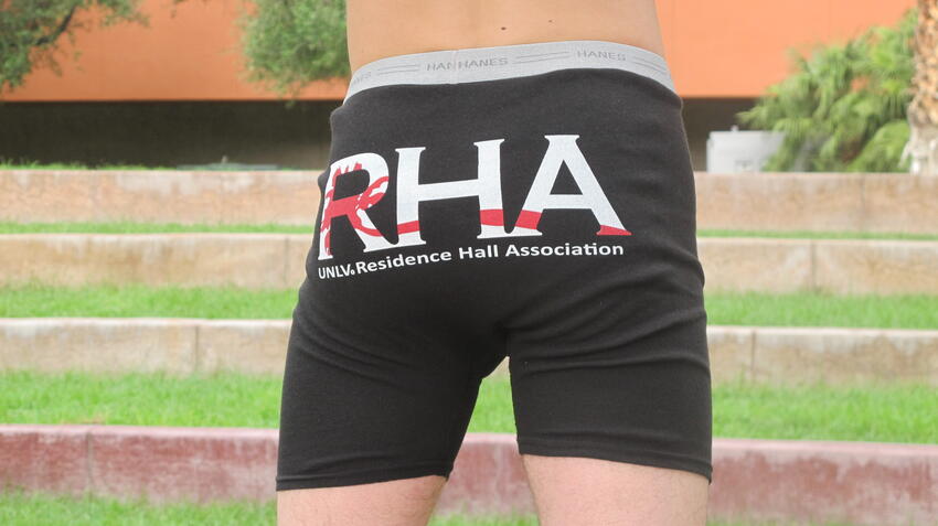 A person modeling the RHA underwear for the Undie Run