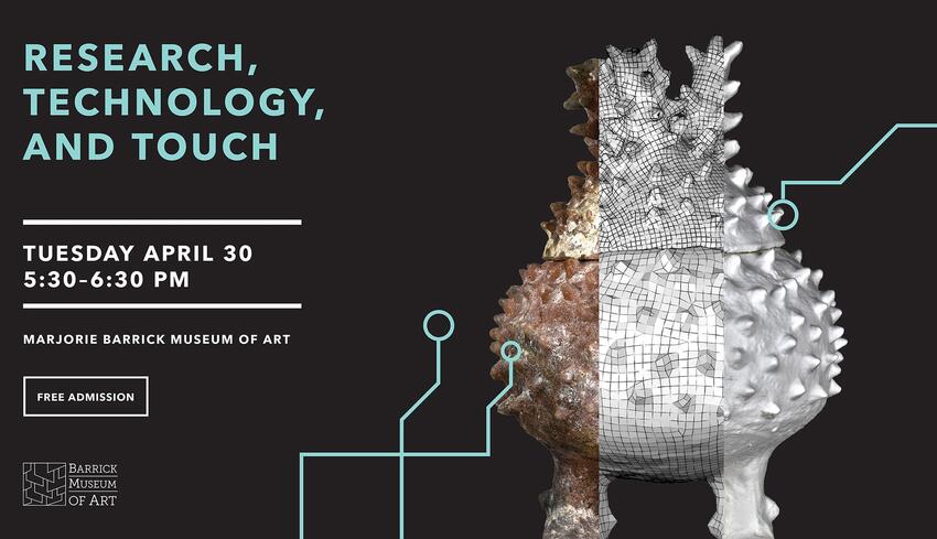Banner with the title, "Research, Technology, and Touch" with piece of art going through stages of digitization.