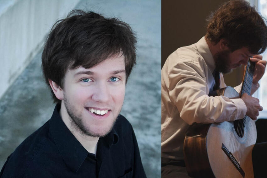 Picture 1: Michael Root's headshot. Picture 2: Michael playing guitar.