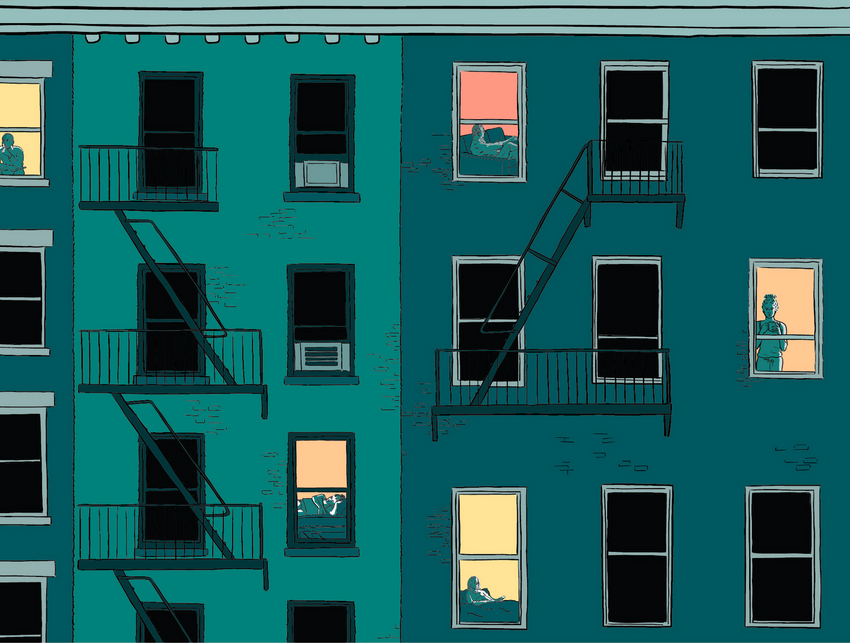 A graphic of a apartment building of people in it.
