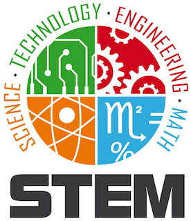 A graphic depicting multiple STEM (science, technology, engineering, math) icons.