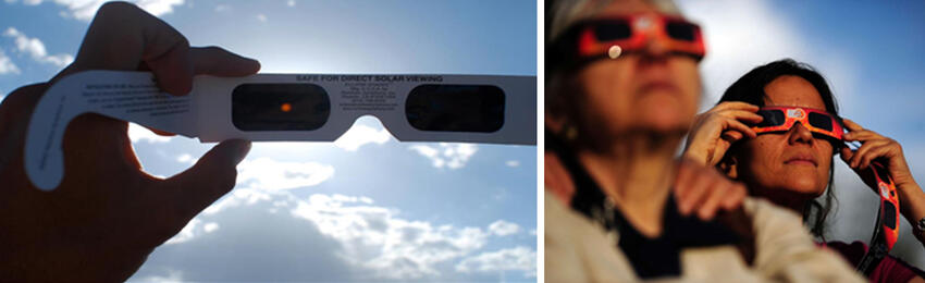 Solar glasses and people wearing solar glasses.