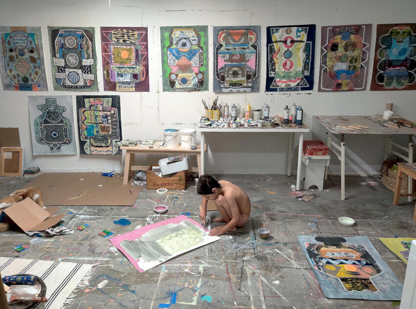 The artist's studio and son Wesley (2020).