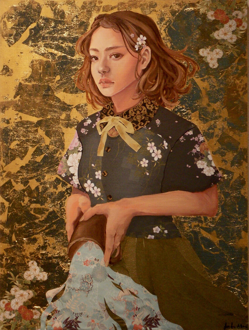 Painting of a young girl pouring paint out of a can