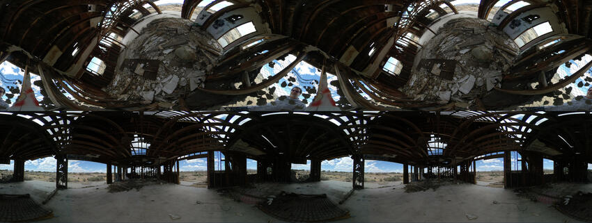 An photo artpiece of a 360 degree view of the inside of a building, by Travis Allen.