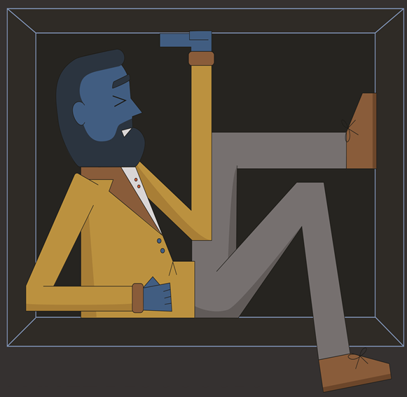 A drawing of a bearded man in a box with a blue face
