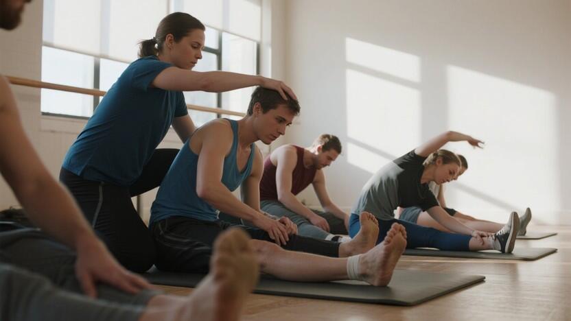 A group of people stretching during an exercise class