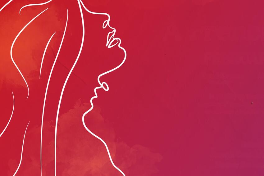 A line drawing of a woman done on a pink background.