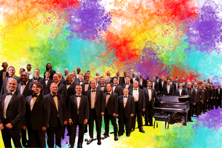 An image of the Las Vegas Men's Chorus superimposed over a rainbow-colored background.