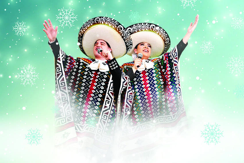 Two Mariachi singers surrounded by winter scene, snowflakes