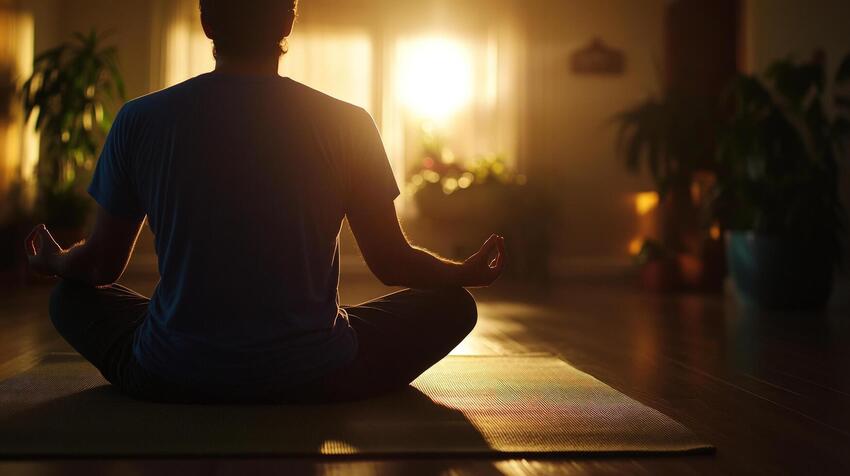 Man meditating during sunset