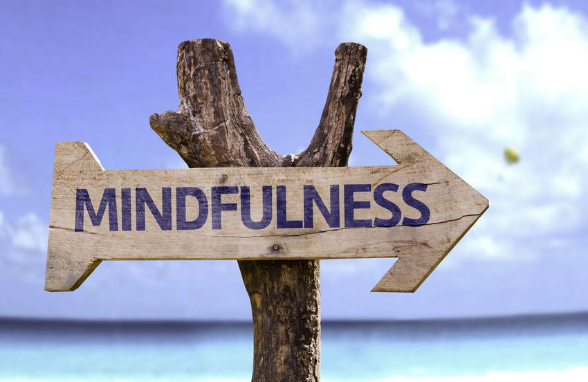 Wooden sign pointing towards "mindfulness"