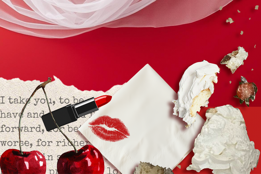 Cherries, chocolate, a page of a book, and a tube of lipstick on a red background.