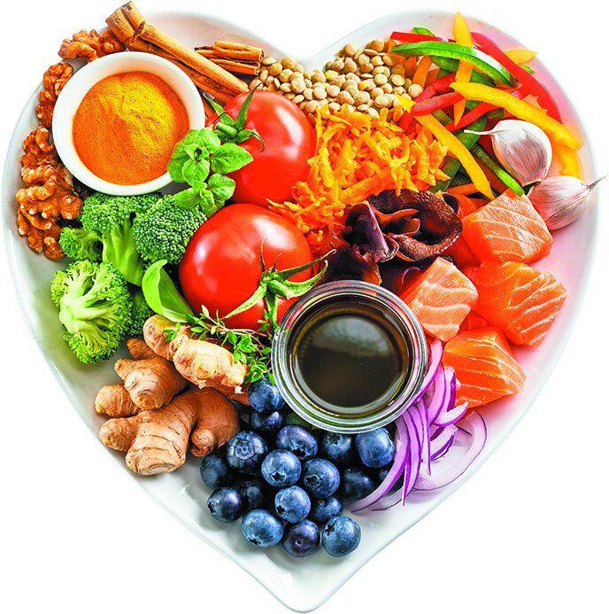 Healthy foods on a heart-shaped plate