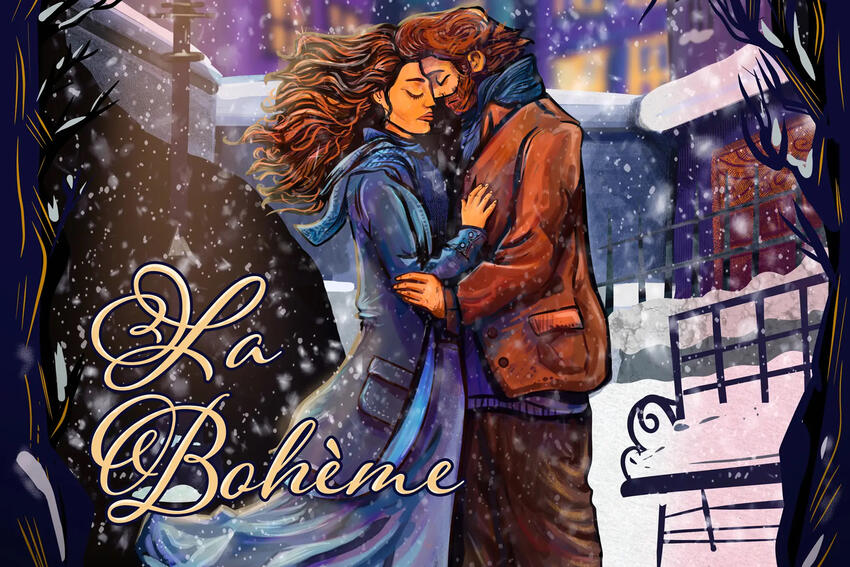 An image of lovers hugging in a snow covered city. &quot;La Bohème.&quot;