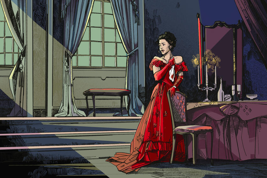 A woman wearing a red gown stands near a table looking to the left. She is obviously distressed.