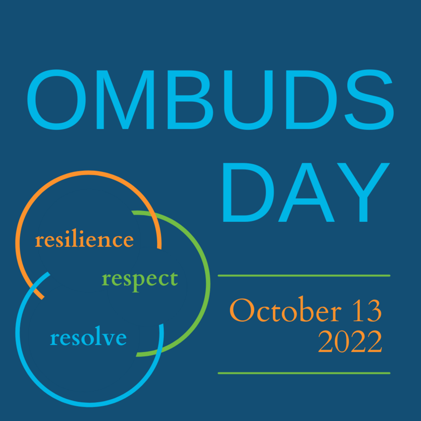 Ombuds Day. October 13, 2022. A venn diagram withe the words "resilience," "respect," and "resolve."