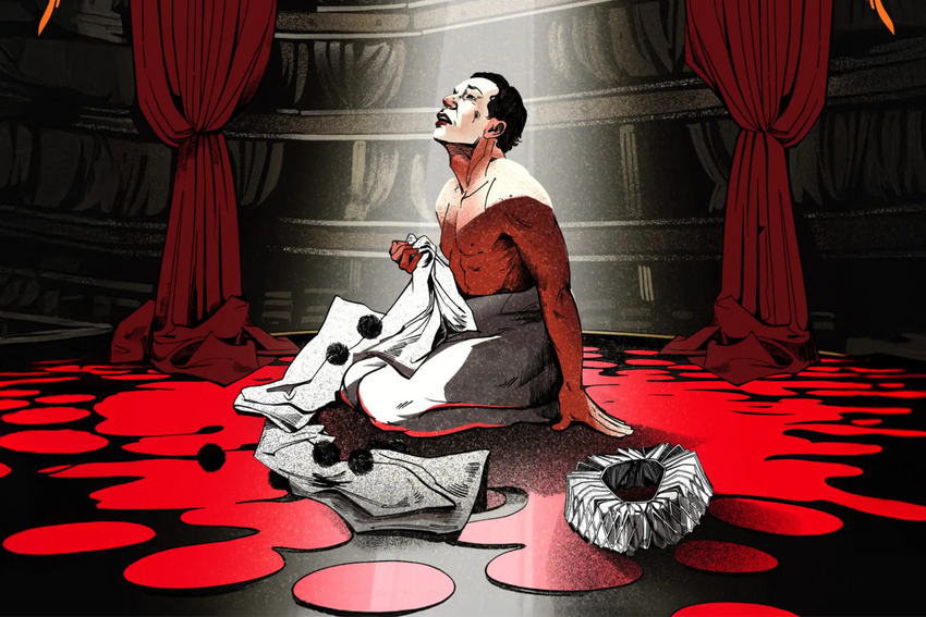 In this promotional drawing, a clown figure is bathed in light. He's looking towards the sky with a dramatic expression on his face.