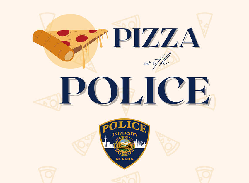 Pizza with Police. UPD logo and a slice of pepperoni pizza.
