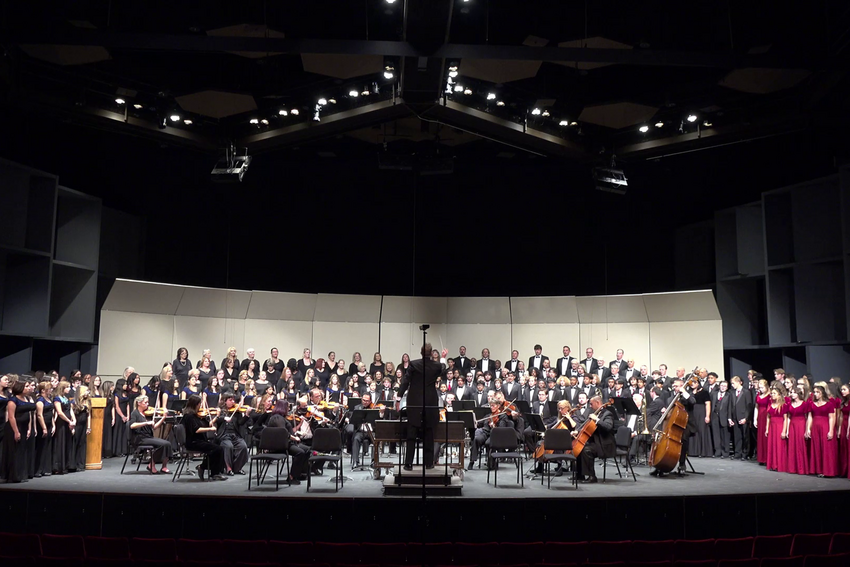 The Southern Nevada Musical Arts Society Orchestra, Chorus, and guest performers on the Artemus W. Ham Concert Hall stage