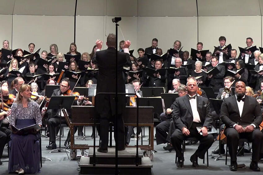 The Southern Nevada Musical Arts Society Orchestra, Chorus, and guest performers on the Artemus W. Ham Concert Hall stage