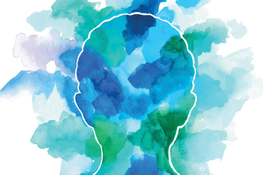 Watercolor painting with an outline of a person's head