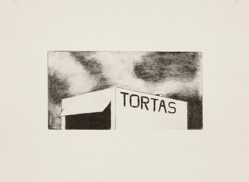 A black and white drawing of the top of a plain rectangular building. An awning sticks out from the front of the building above a dark window. Letters along the side of the building spell out the word "Tortas."