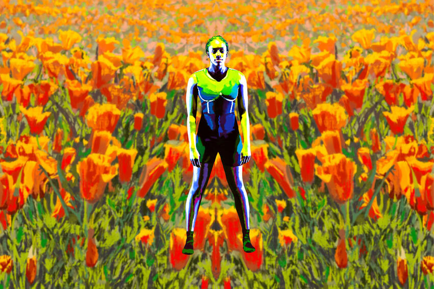 dancer in contemporary costume on field of flowers