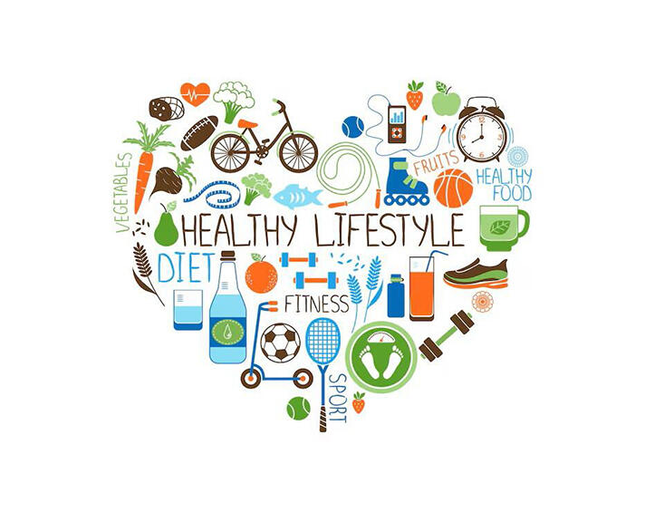 Heart made up of different health-related icons such as sports equipment, healthy foods, and vegetables