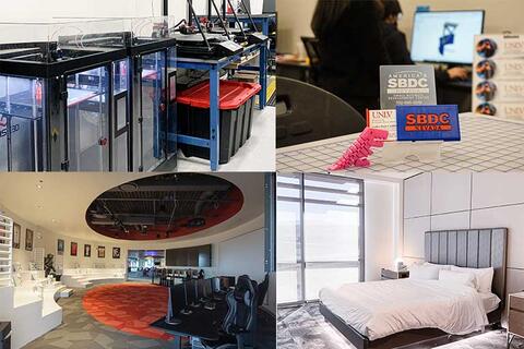 Collage of  images featuring Makerspace, Computer Lab, eSports Arena, and Integrated Resort Lab