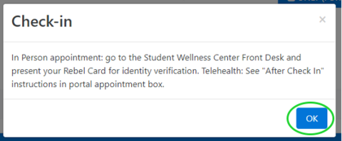 Screen shot of the WellnessView Portal Check in confirmation screen with a green circle around the blue O-K button