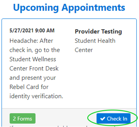 Screen shot of the WellnessView Portal Upcoming Appointments screen with a green circle around the blue check-in button