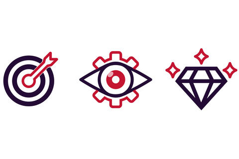 Graphic icons of a bulleye, an eye with a cog behind it, and a diamond.