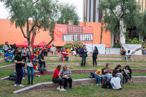A cement stage and amphitheater seating