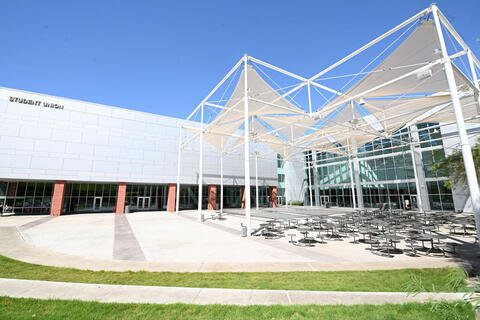 A large concrete patio