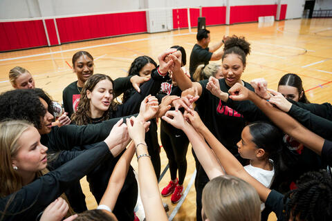 A group of women giving each other one big high five
