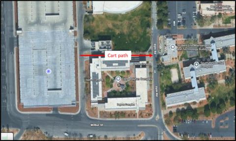 Aerial photo map of the Tropicana Garage and Dayton Complex north of Wilbur Street. A red arrow marks the cart path north of the Dayton Complex, showing that golf carts can bypass the closed access roads around and behind the Thomas and Mack Center by using the route between the Tropicana Garage and Gym Road.