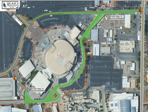 Aerial photo map of the Thomas and Mack Center area showing construction-related road closures highlighted in green. Access roads behind and around the Thomas and Mack Center will be closed to all traffic, including the route from Tarkanian Way to the north side of the Tropicana Garage. Tarkanian Way in front of the Thomas and Mack Center, from Thomas and Mack Center Drive to East Harmon Avenue, will also be closed. Thunder Lot will remain closed. Closures are expected to last through June 30.
