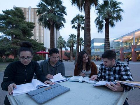 Students studying in courtyard